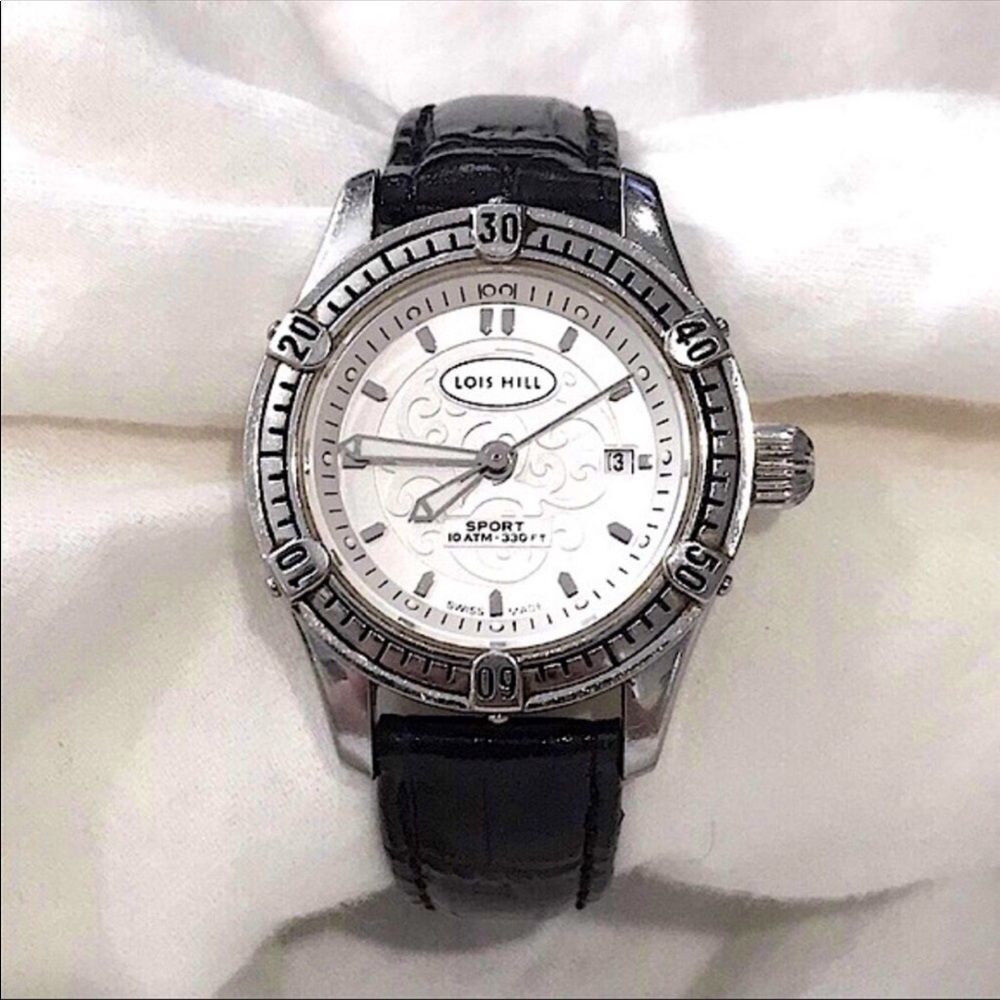 LOIS HILL Round White Filigree Scroll Sport Watch w/ Black Leather Embossed Band
